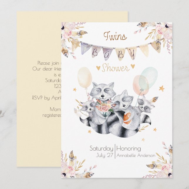 Racoon Family Twins Boho Baby Shower Invitation (Front/Back)