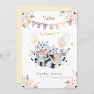 Racoon Family Twins Boho Baby Shower Invitation