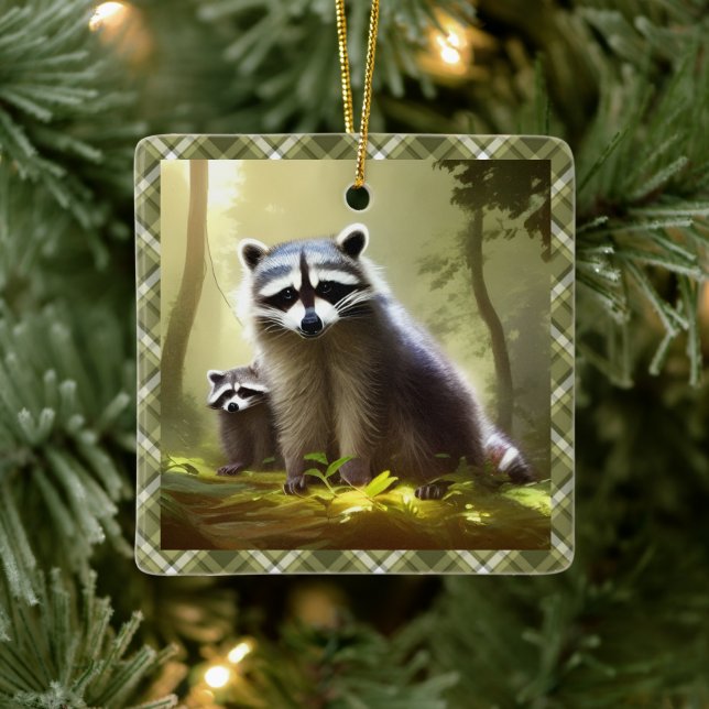 Racoon Family Wildlife Portrait Personalised   Ceramic Ornament (Tree)