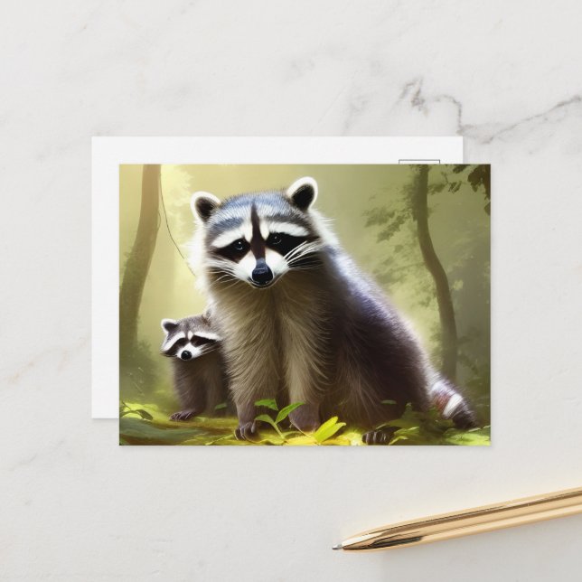 Racoon Family Wildlife Portrait   Postcard (Front/Back In Situ)