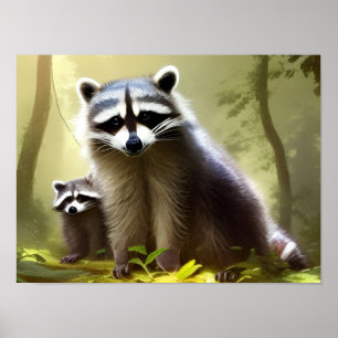 Racoon Family Wildlife Portrait   Poster