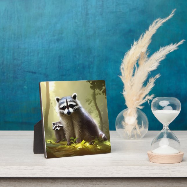Racoon Family Wildlife Portrait Tabletop Plaque (Insitu)