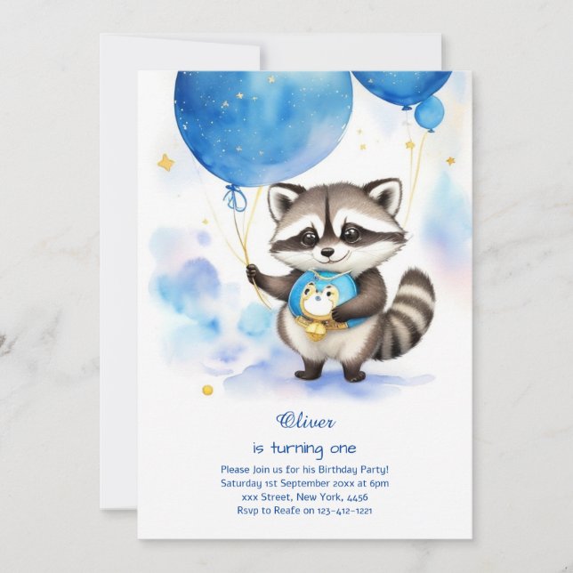 Racoon First Birthday Invitation (Front)