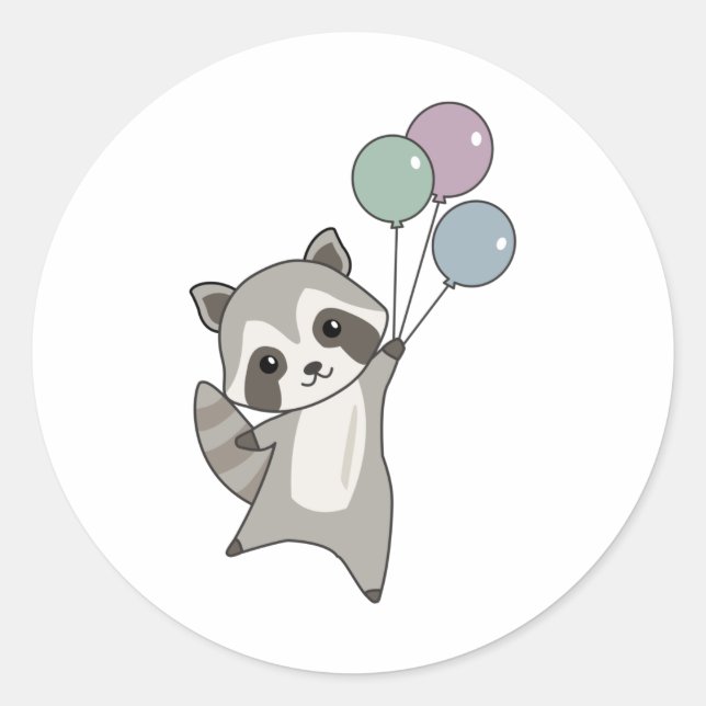 Racoon Flies Balloons Above Cute Animals For Kids Classic Round Sticker (Front)