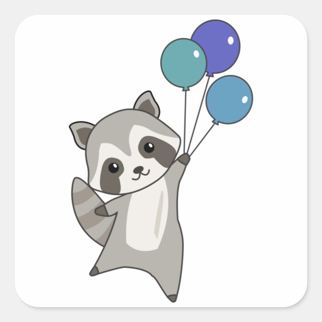 Racoon Flies Balloons Above Cute Animals For Kids Square Sticker (Front)