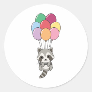 Racoon Flies Up With Colourful Balloons Classic Round Sticker