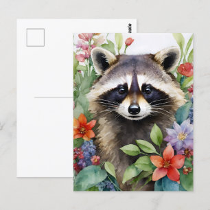 Racoon Floral Watercolor Art Postcard