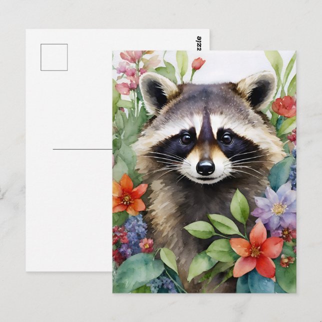 Racoon Floral Watercolor Art Postcard (Front/Back)