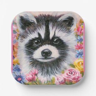 Racoon & flowers paper plate