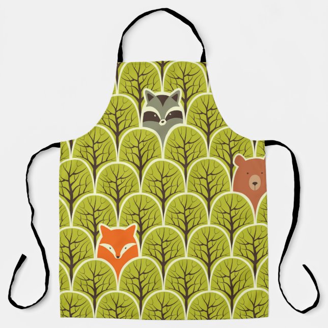 Racoon fox and bear in a forest seamless pattern apron (Front)