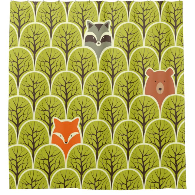 Racoon fox and bear in a forest seamless pattern shower curtain (Front)