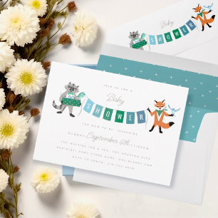 Racoon Fox Forest Friends Blue Baby Shower Invitation