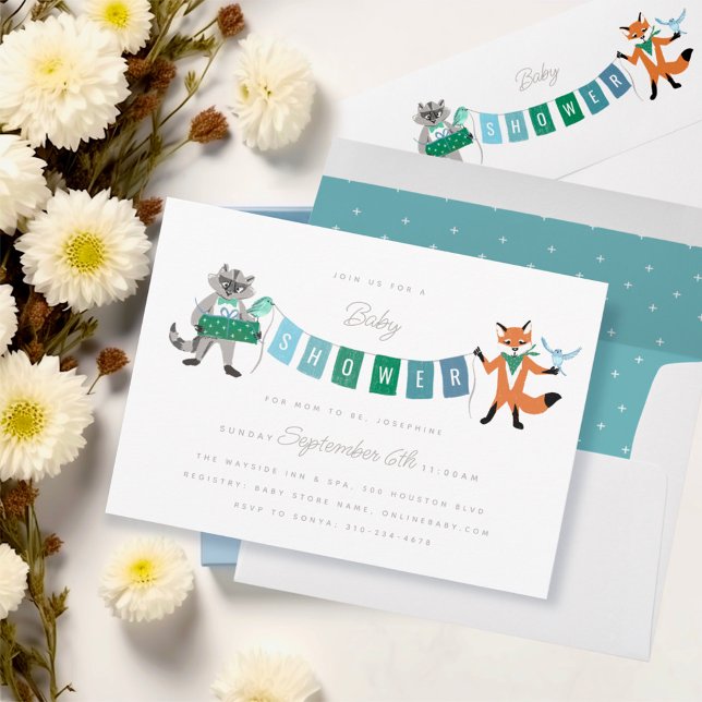 Racoon Fox Forest Friends Blue Baby Shower Invitation (Creator Uploaded)