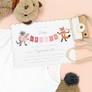 Racoon Fox Forest Friends Pink Baby Shower Invitation
