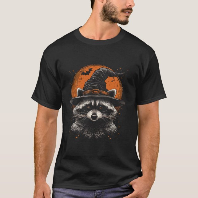 Racoon Halloween Wizard Hat Funny Cute Witch Cost T-Shirt (Front)