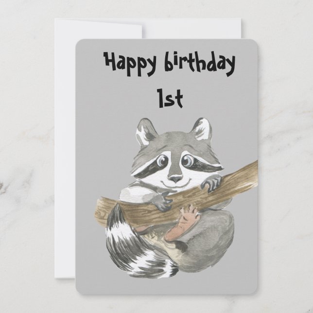 Racoon happy birthday 1st thank you card (Front)