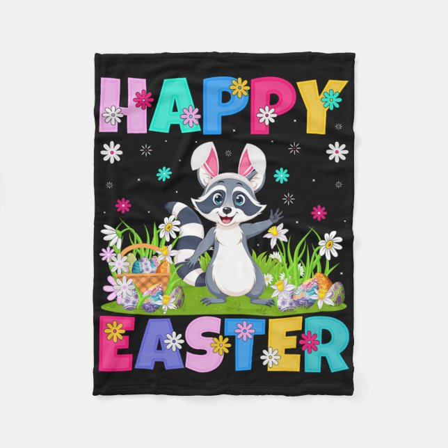 Racoon Happy Easter Egg Hunt Bunny Ear Racoon Ea Fleece Blanket (Front)