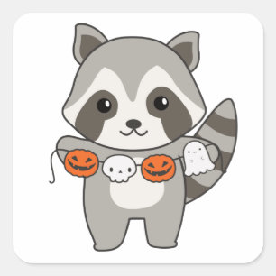Racoon Happy Halloween Pumpkin Bat Costume Square Square Sticker