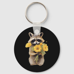 Racoon Holding Sunflower Cute Flower Mothers Day  Key Ring