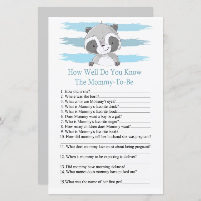 Racoon How well do you know baby shower (Front/Back)