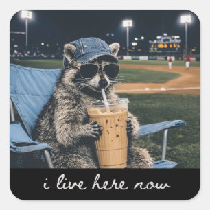 Racoon I Live Here Now Shirt Racoon Drinking Ice Square Sticker