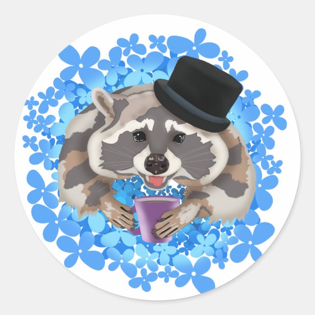 Racoon in a hat with a mug of coffee  classic round sticker (Front)