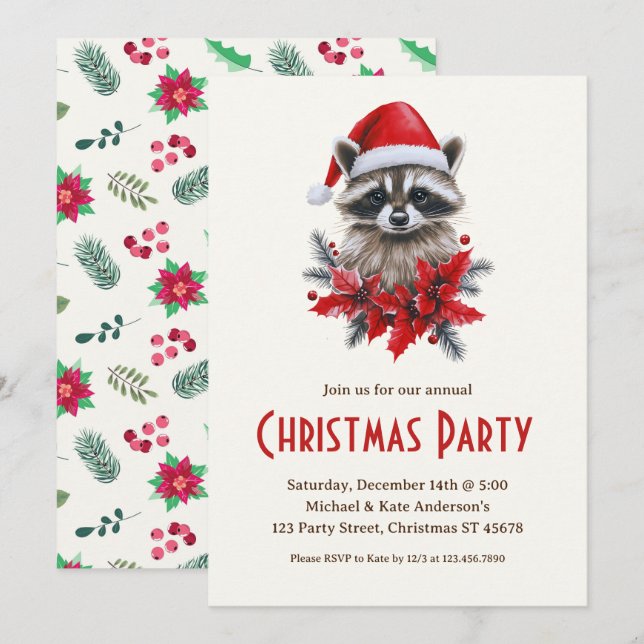 Racoon in a Santa Hat Poinsettias Christmas Party Invitation (Front/Back)