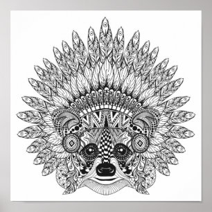 Racoon In Feathered War Bonnet Doodle 2 Poster