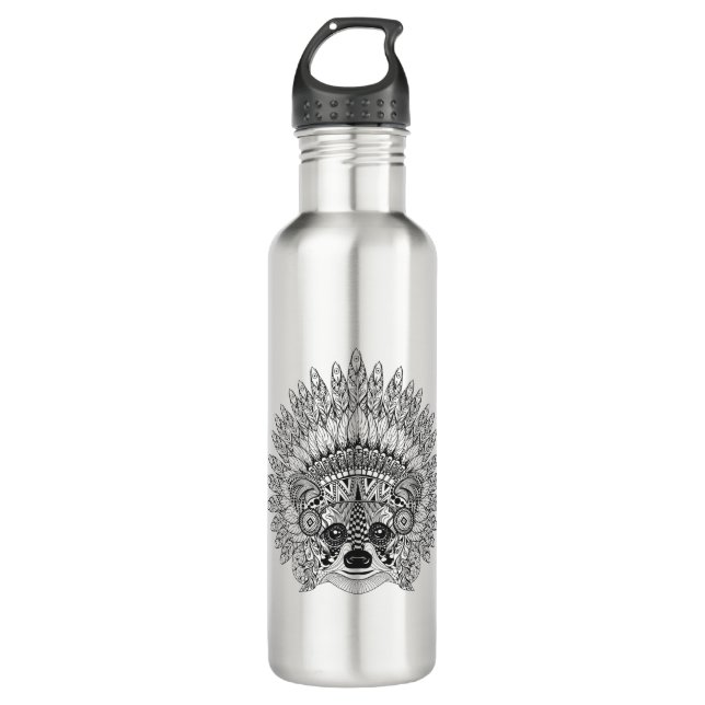 Racoon In Feathered War Bonnet Doodle 710 Ml Water Bottle (Front)