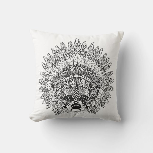Racoon In Feathered War Bonnet Doodle Cushion (Front)