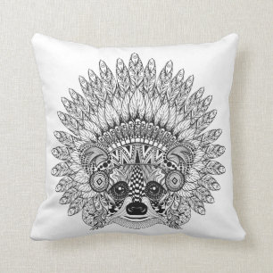 Racoon In Feathered War Bonnet Doodle Cushion
