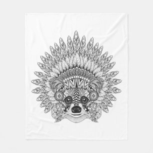 Racoon In Feathered War Bonnet Doodle Fleece Blanket
