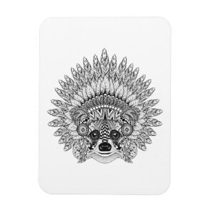Racoon In Feathered War Bonnet Doodle Magnet