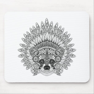 Racoon In Feathered War Bonnet Doodle Mouse Mat