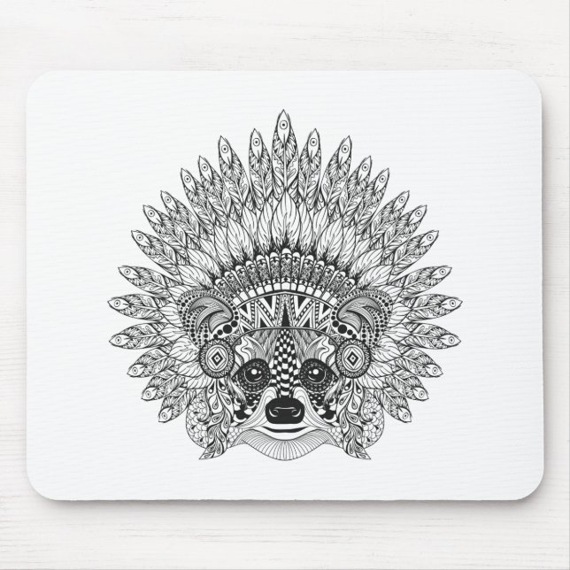 Racoon In Feathered War Bonnet Doodle Mouse Mat (Front)