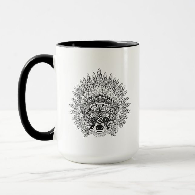 Racoon In Feathered War Bonnet Doodle Mug (Left)
