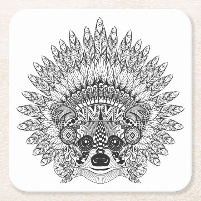 Racoon In Feathered War Bonnet Doodle Square Paper Coaster (Front)