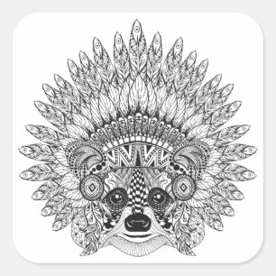 Racoon In Feathered War Bonnet Doodle Square Sticker