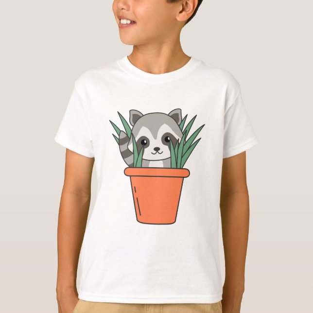 Racoon In Flower Pot Funny Racoon Plants T-Shirt (Front)