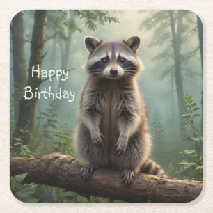 Racoon in Forest Square Paper Coaster