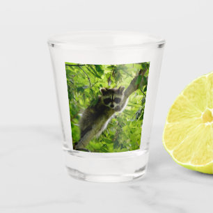 Racoon in Green Tree Cute grey masked racoon Shot Glass