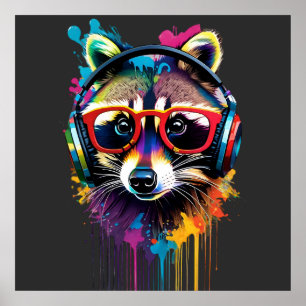Racoon in headphones and glasses poster