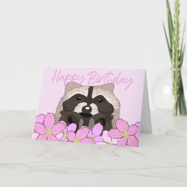 Racoon in Pretty Pink Flowers Wild Birthday Card (Front)