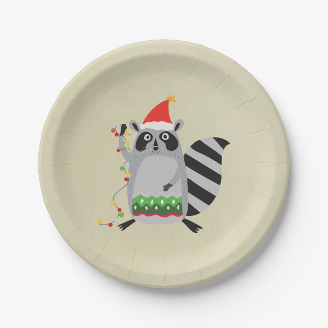 Racoon In Santa Hat Tangled Up In Holiday Lights Paper Plate (Front)