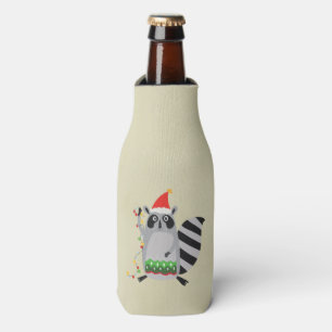 Racoon In Santa Hat Tangled Up In Xmas Lights Bottle Cooler