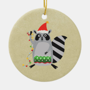 Racoon In Santa Hat Tangled Up In Xmas Lights Ceramic Tree Decoration
