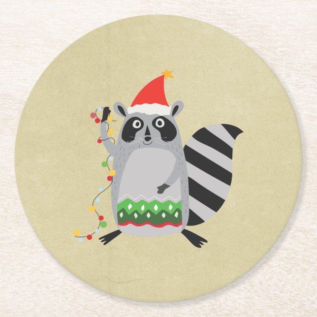 Racoon In Santa Hat Tangled Up In Xmas Lights Round Paper Coaster (Front)