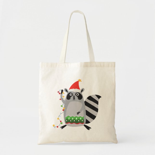 Racoon In Santa Hat Tangled Up In Xmas Lights Tote Bag (Front)