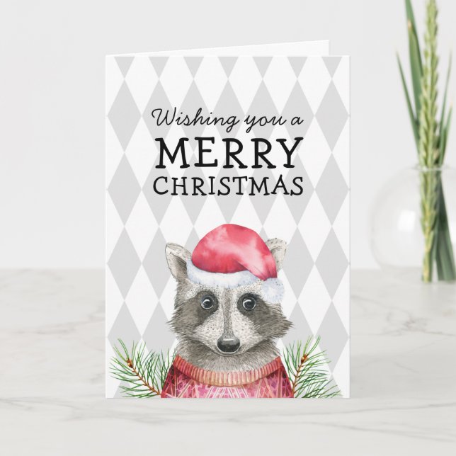 Racoon in Santa Hat Whimsical Merry Christmas Holiday Card (Front)
