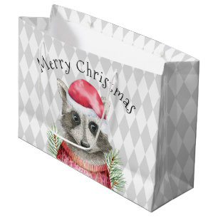 Racoon in Santa Hat with Harlequin Pattern Large Gift Bag